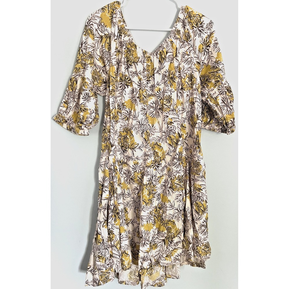 Daily Practice Dress Womens Large Yellow Floral Boho Peasant Midi Ruffle Hem